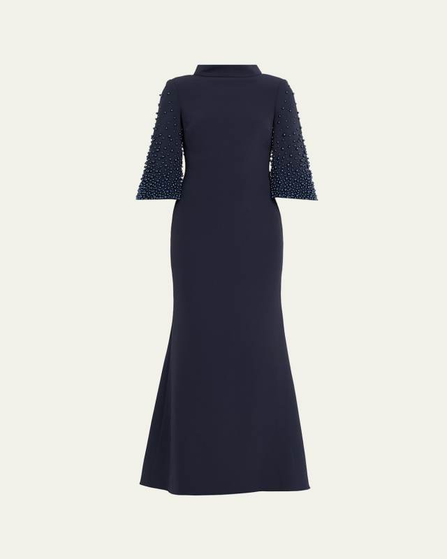 Beaded Funnel-Neck Crepe Trumpet Gown